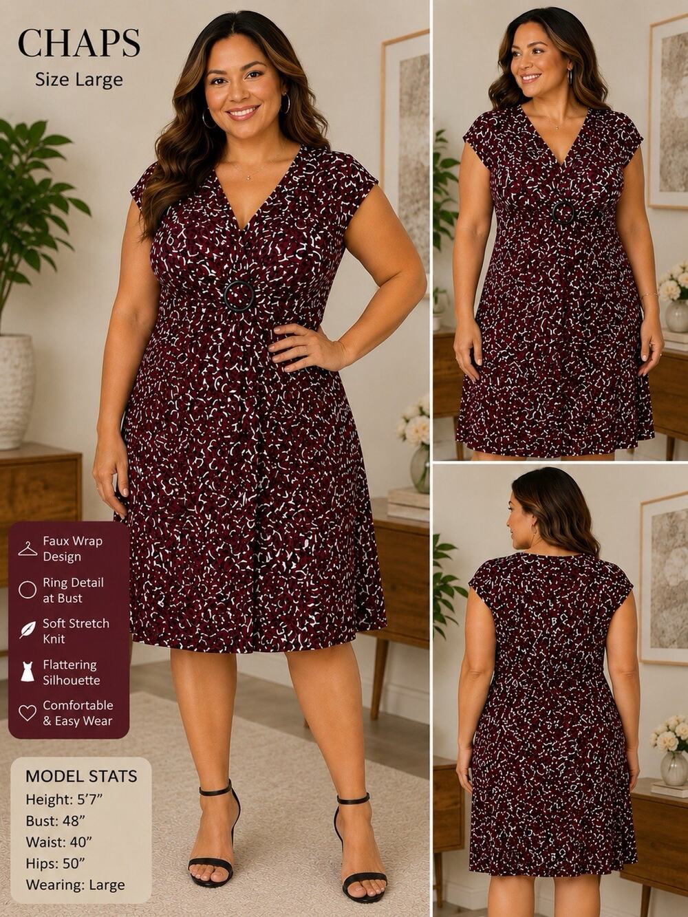Chaps Burgundy Abstract Print Midi A-line Soft Stretch Knit Dress Size Large EUC